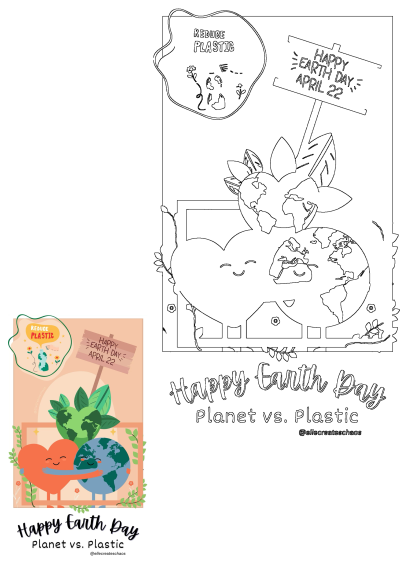 Happy Earth Day, April 22, illustration with a heart hugging Earth, highlighting 'Planet vs. Plastic' and 'Reduce Plastic'.