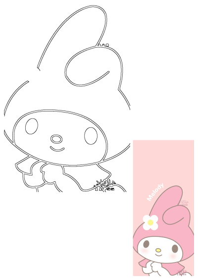 My Melody, a cute pink cartoon character with a flower, shown as both a black outline drawing and a full-color illustration.