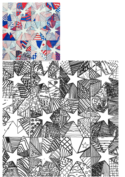 Patriotic red and blue geometric star pattern artwork, featuring various detailed designs. Includes a black and white version for outlines.