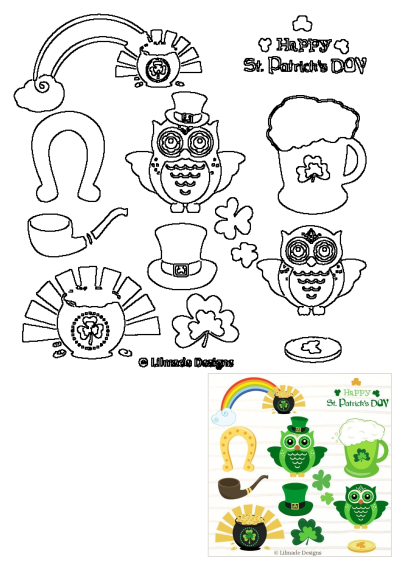 St. Patrick's Day clip art outlines set featuring cute owls, a leprechaun hat, pot of gold, shamrocks, rainbow, horseshoe, and beer mug.