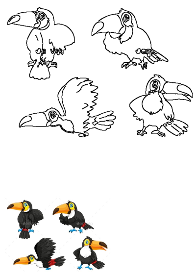 Collection of cartoon toucan birds in various poses on a white background, including both colored illustrations and black outline versions.