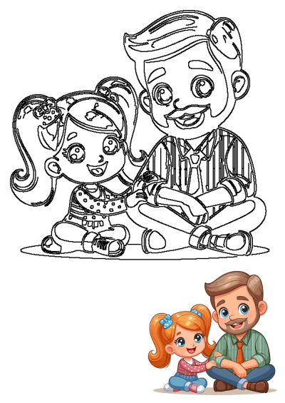 A cute cartoon father with a beard and his daughter with pigtails are smiling and sitting together, sharing a happy family moment.
