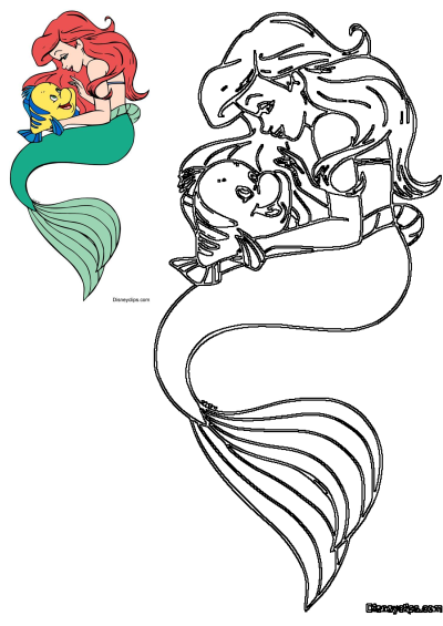 Ariel, The Little Mermaid, affectionately hugs her best friend Flounder, depicted in both vibrant color and outline form.