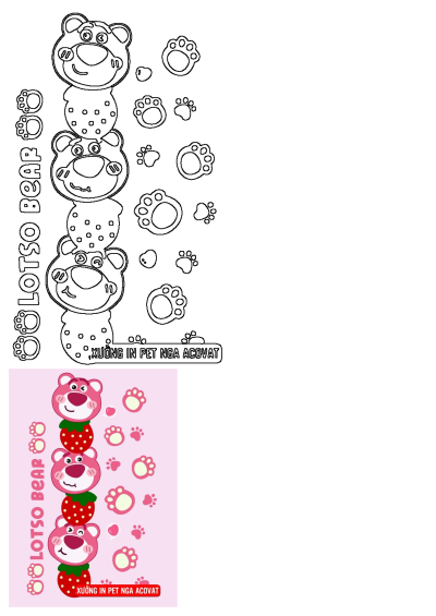 A stack of three pink Lotso Bear teddy bears interspersed with strawberries on a pink background, accompanied by an outline version and paw prints.