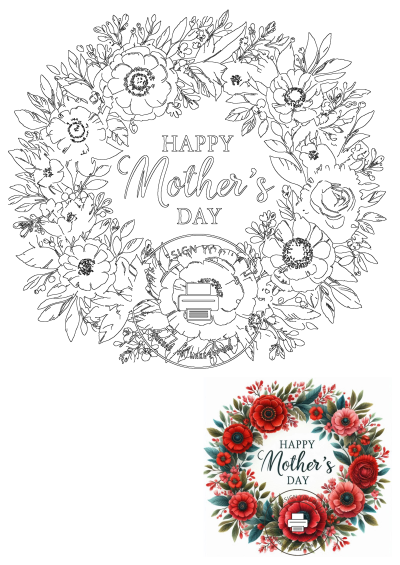 Outline design for a Happy Mother's Day card, featuring a beautiful floral wreath that can be colored with vibrant red flowers and green leaves.