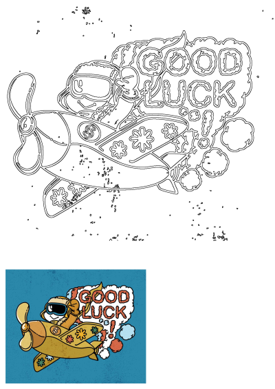 A cheerful cartoon pilot flying an airplane with goggles, helmet, and a 'GOOD LUCK!!!' message in a speech bubble.