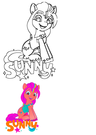 My Little Pony Sunny Starscout sitting with stars, shown as a vibrant colored artwork and a black-and-white outline.