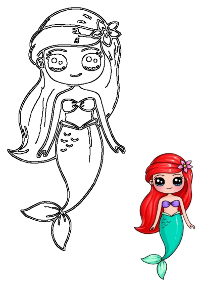 Cute cartoon Ariel from The Little Mermaid drawing with a black and white outline and a small vibrant colored example.