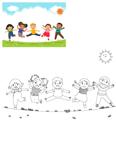 Vibrant cartoon of diverse happy children jumping outdoors under a sunny sky, alongside a black-and-white outline version for coloring.