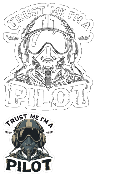 Trust Me I Am Pilot Gas Mask Sticker, depicting a detailed pilot helmet with a gas mask, headphones, and 'TRUST ME I'M A PILOT' text.