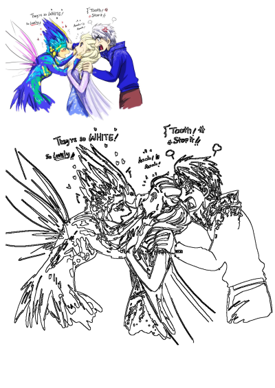Humorous fanart comic featuring Toothiana admiring Elsa's white teeth, much to the annoyance of an intervening Jack Frost.