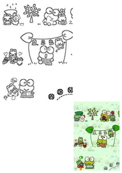 Vibrant image of cute Keroppi-style cartoon frogs playing in nature, featuring green leaves and a light green background.