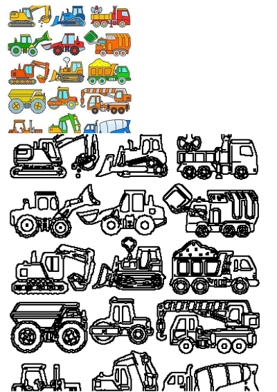 Different types of construction vehicles clipart, featuring colorful heavy machinery and their black-and-white outlines for versatility.