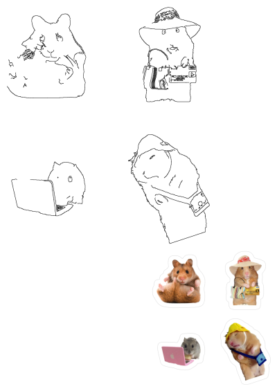 Cute hamster gerbil stickers collection with hats, laptops, and bags. Features outline drawings and photographic hamsters in funny poses.