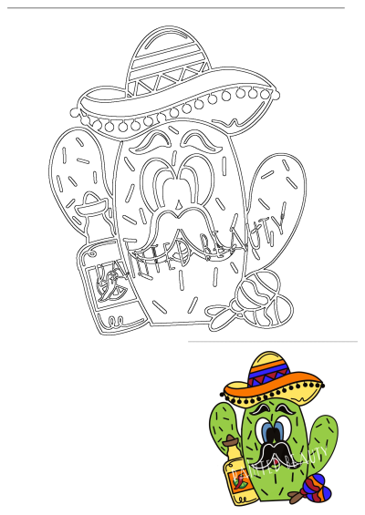 A vibrant cartoon cactus character wearing a sombrero and mustache, holding a tequila bottle and maraca, ready for a Mexican fiesta.