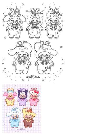 Kawaii chibi characters with gloomy expressions cosplaying Sanrio's My Melody, Kuromi, Hello Kitty, Cinnamoroll, Pompompurin. Features colored fan art and outline versions.