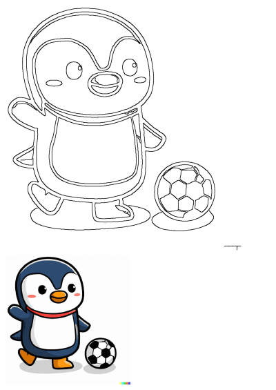 A charming cartoon penguin, with its distinctive blue and white colors and orange beak, happily kicks a classic black and white football.