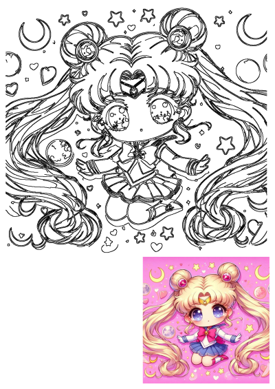 Cute chibi Sailor Moon illustration in her iconic anime uniform, surrounded by sparkling stars, moons, and hearts.