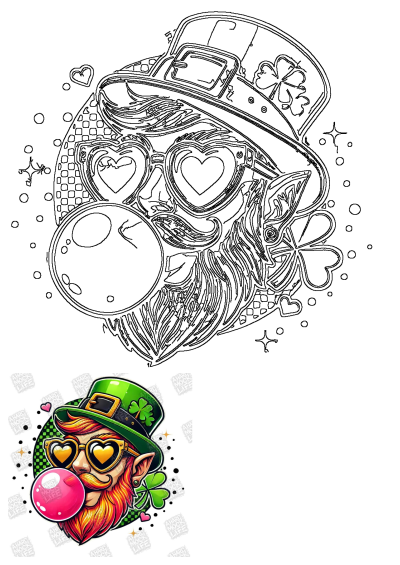 Line art illustration of a leprechaun wearing a green hat, heart-shaped glasses, blowing a pink bubble. Perfect for St. Patrick's Day.