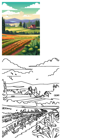 Vibrant vector art of a rural landscape featuring a red farmhouse, green and yellow fields, lush trees, and distant mountains under a cloudy sky.