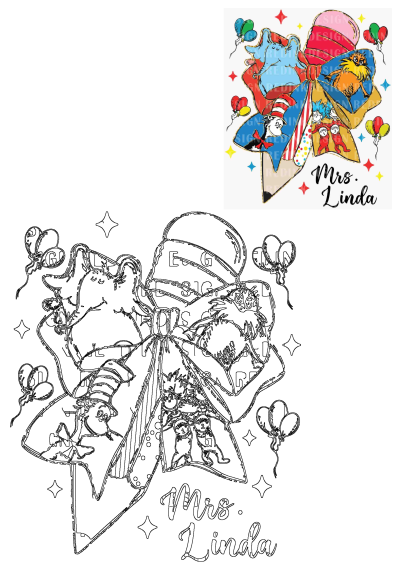 Personalized Dr. Seuss bow featuring Horton, Lorax, Thing 1, Thing 2, Cat in Hat, balloons, and stars for Mrs. Linda.