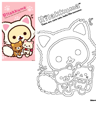 Cute Rilakkuma character illustration featuring Rilakkuma dressed as a cat, hugging two adorable kittens against a pink background.