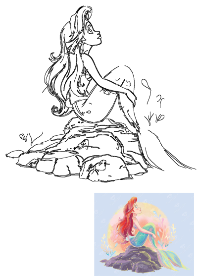 Mermaid art drawing sitting on a rock, looking up. Features a detailed outline sketch and a vibrant colored version.