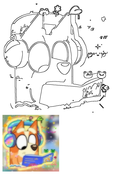 Aesthetic Bluey profile picture: Lenie wearing vibrant headphones, engrossed in a book. Adorned with glowing stars, hearts, and cute frogs.