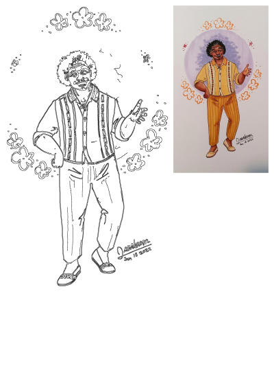 Drawing Man Afro Yellow Orange Pants Hand Out. Features line art & vibrant colored illustration with patterned shirt, striped pants & flowers.