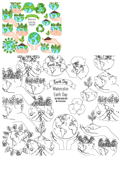Watercolor and outline illustrations for Earth Day featuring hands holding plants, trees, Earth globes, and recycling symbols.