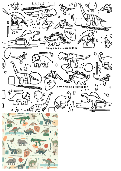 A vibrant seamless pattern of colorful cartoon dinosaurs including T-Rex, Stegosaurus, and Triceratops, set against a white background with abstract shapes.