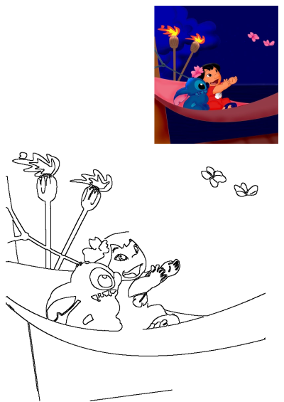 Lilo and Stitch relax happily in a hammock on a beautiful Hawaiian island at night, with glowing tiki torches and floating pink flowers.