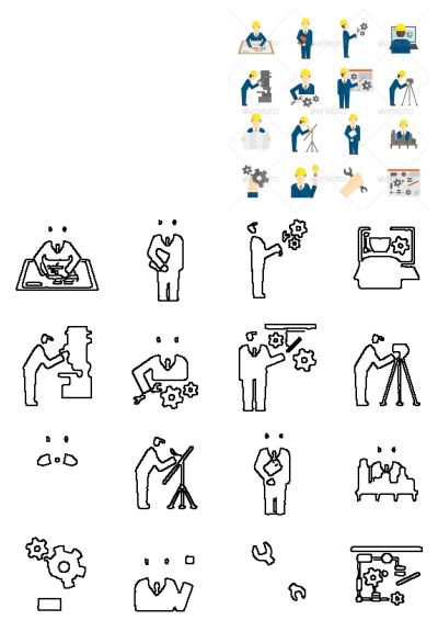 An extensive engineer icons set illustrating design, construction, and manufacturing roles, including drafting, surveying, and operating machinery.