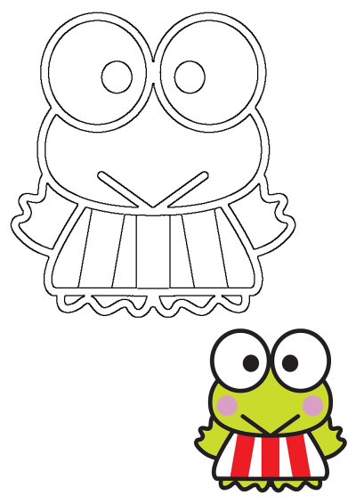 An outline drawing of a cartoon green frog with big eyes and a striped scarf, accompanied by a small colored vector example.