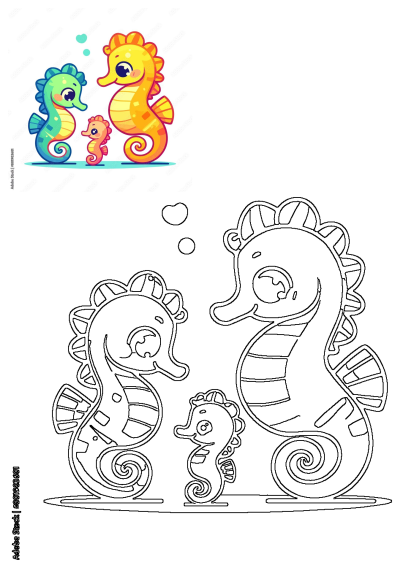 A cute, vibrant cartoon seahorse family illustration, including parents and baby, with its black and white outline version for coloring.