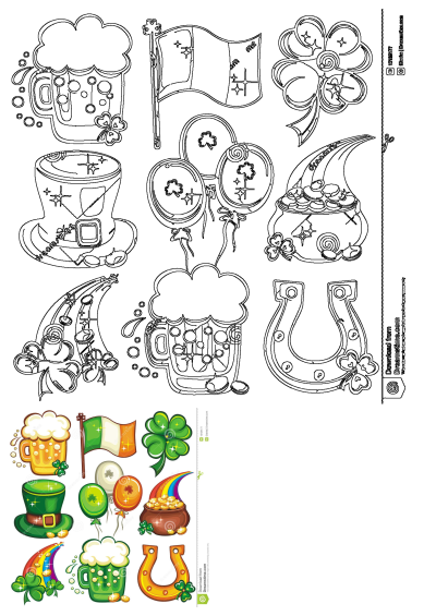 St. Patrick's Day vector clipart featuring shamrocks, balloons, beer mugs, an Irish flag, and other festive elements.