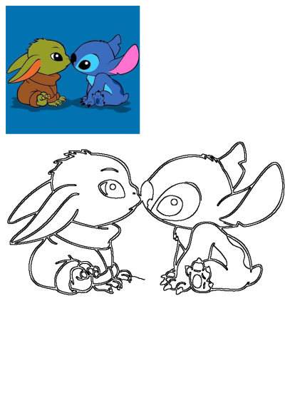 Adorable cartoon illustration of Baby Yoda and Stitch sharing a tender nose touch, capturing their endearing friendship.