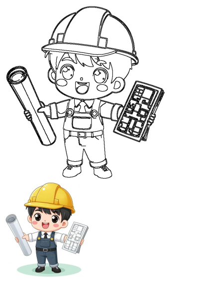 Cheerful cartoon architect construction worker in a hard hat and overalls, holding rolled blueprint and plans. Includes outline version.