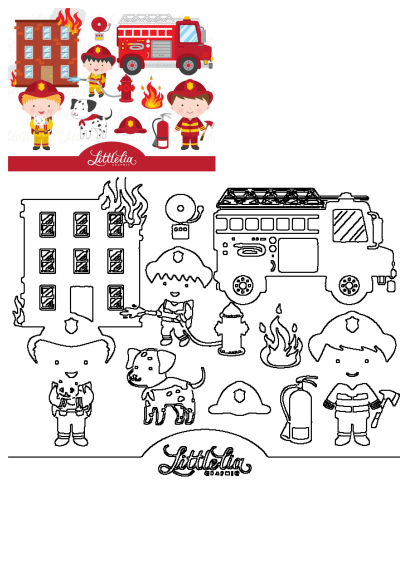 Cute firefighter clipart set featuring fire truck, firefighters with cat, Dalmatian dogs, burning building, fire hydrant & extinguisher.