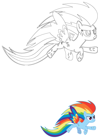 My Little Pony Rainbow Dash flying. Features both a detailed outline and a vibrant colored illustration of the pegasus pony with rainbow mane and wings.