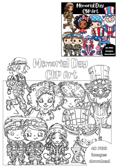 Memorial Day Clip Art Printable T Shirt Designs For All Ages featuring soldiers, patriotic kids, Uncle Sam, and a cat.