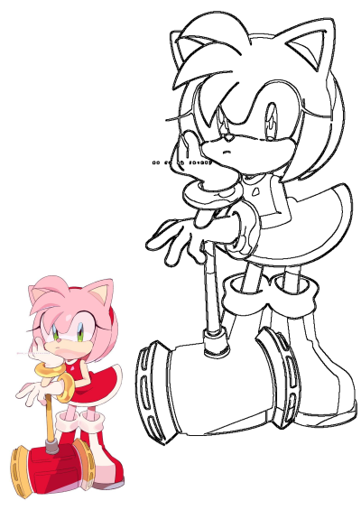 Amy Rose Sonic character with Piko Piko Hammer. Features a large outline drawing and a smaller colored illustration for reference.