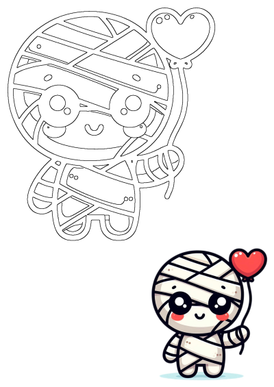 A charming line art featuring a cute mummy cartoon joyfully holding a heart balloon, perfect for various craft activities.