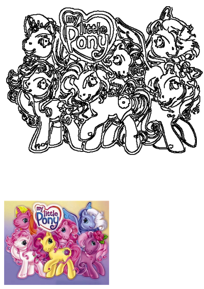 Black and white line art featuring a group of classic My Little Ponies like unicorns and pegasi, surrounded by the iconic heart logo.