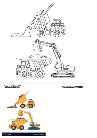 Illustration of dump trucks and excavator construction vehicles in both outline and vibrant colored versions moving dirt.