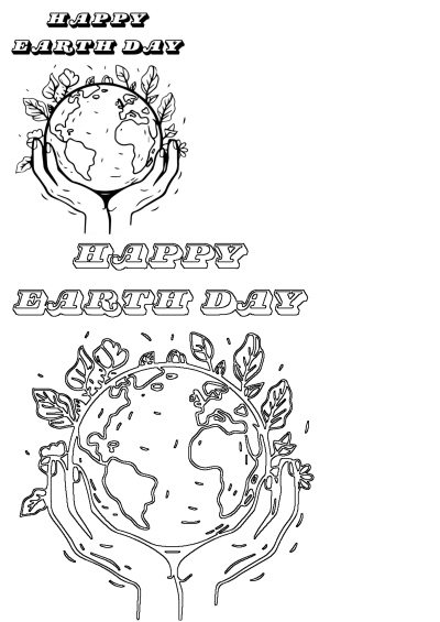 Outline illustration of hands gently holding Earth surrounded by leaves, with 'Happy Earth Day' text, perfect for environmental themes.