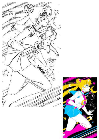 Dynamic Sailor Moon fan art featuring Usagi Tsukino and Luna cat running with vibrant neon colors, stars, and speed lines.