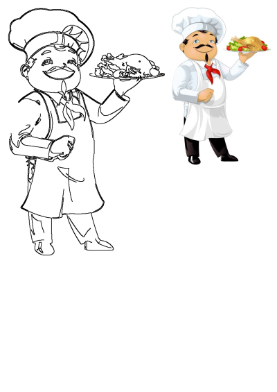 A cheerful cartoon chef, both colored and outline versions, proudly presents a plate of roasted chicken and fresh salad.