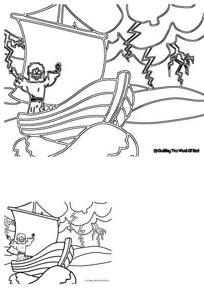 Line art of Jesus in a boat on stormy waters with lightning, hands raised, demonstrating his power to calm the storm for kids.