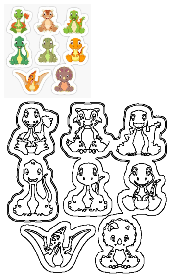 Cute dinosaur sticker sheet featuring various cartoon dino species in bright colors, plus black and white outlines for creative projects.